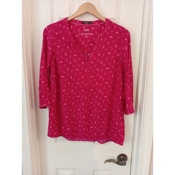 Women's Cecil Pink Feather Print 3/4 / Roll Tab Sleeve Blouse Medium - Picture 1 of 9